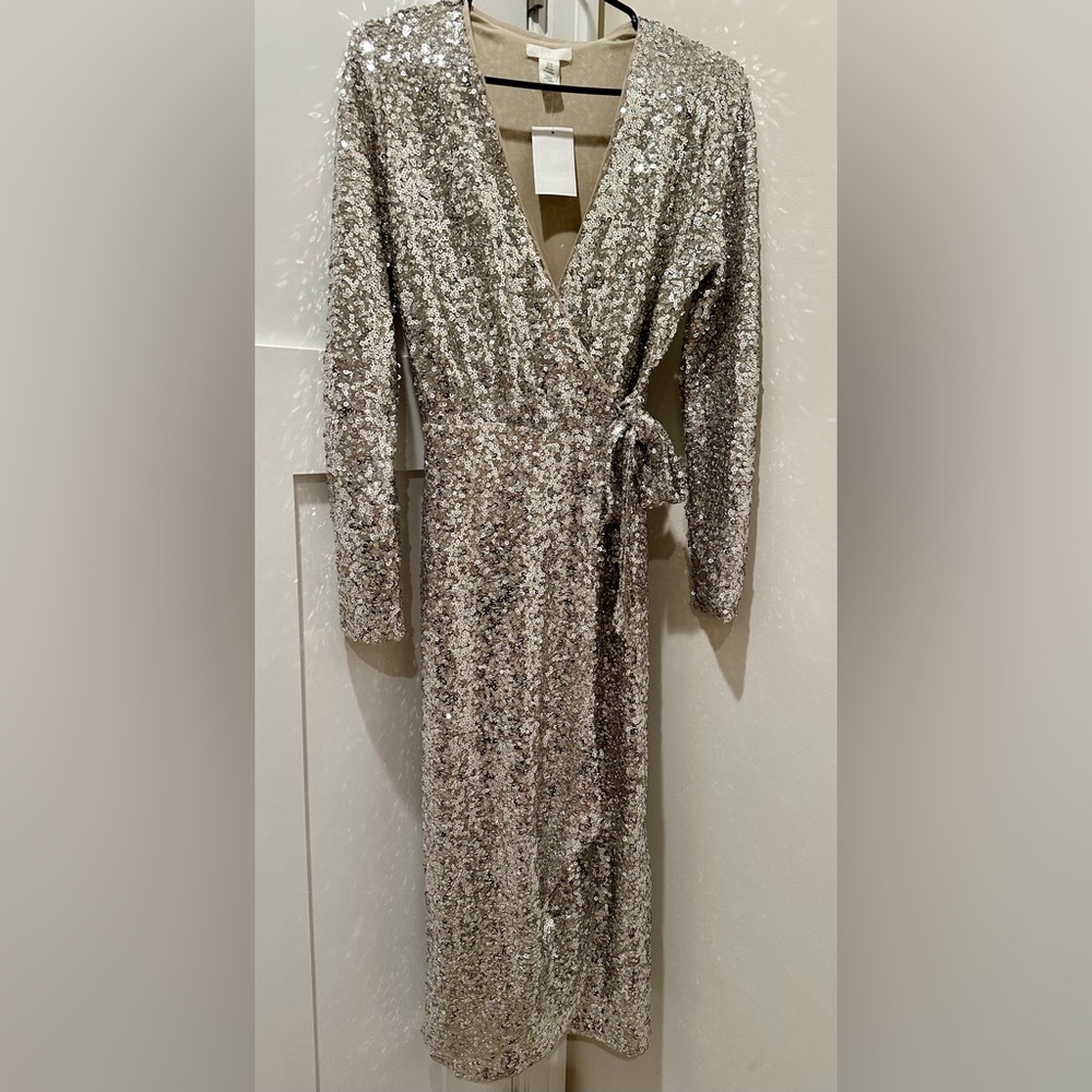 Long sleeve silver sequin over nude under layer dress